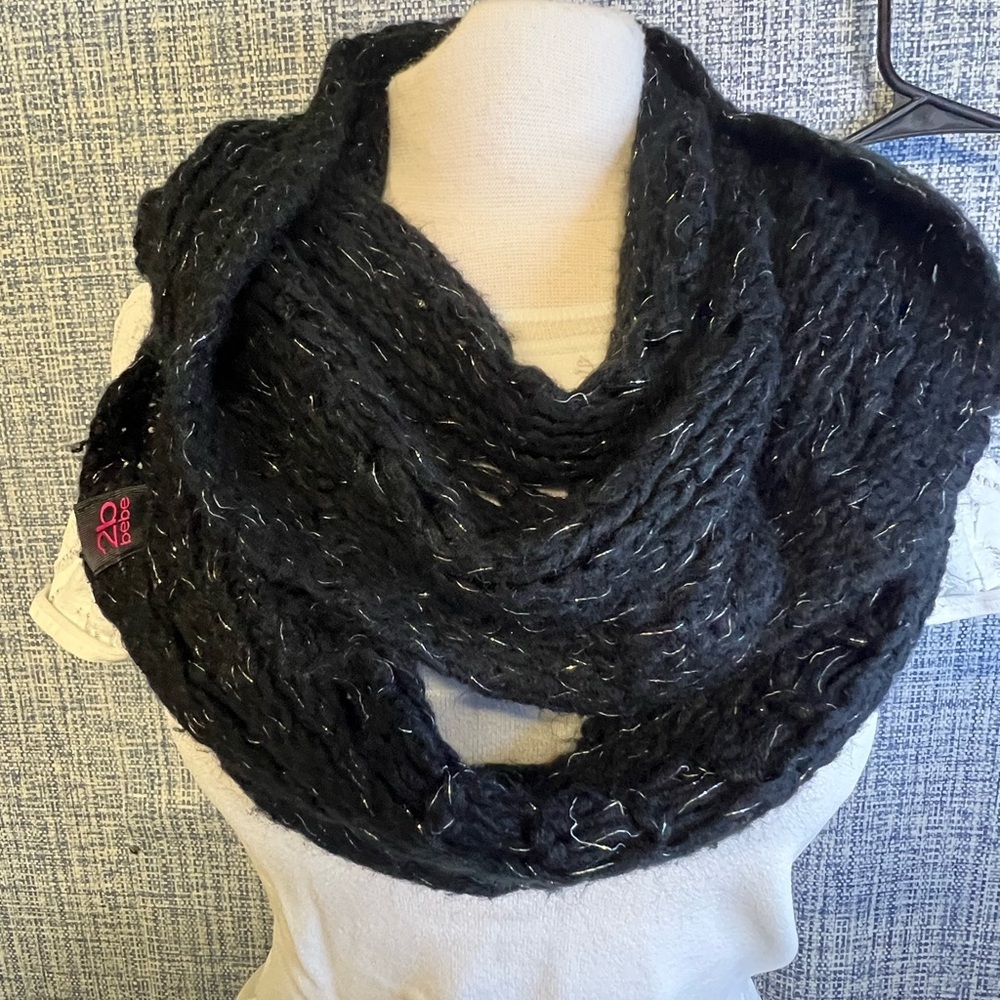 2B Bebe Black Knit Scarf with Silver Accents